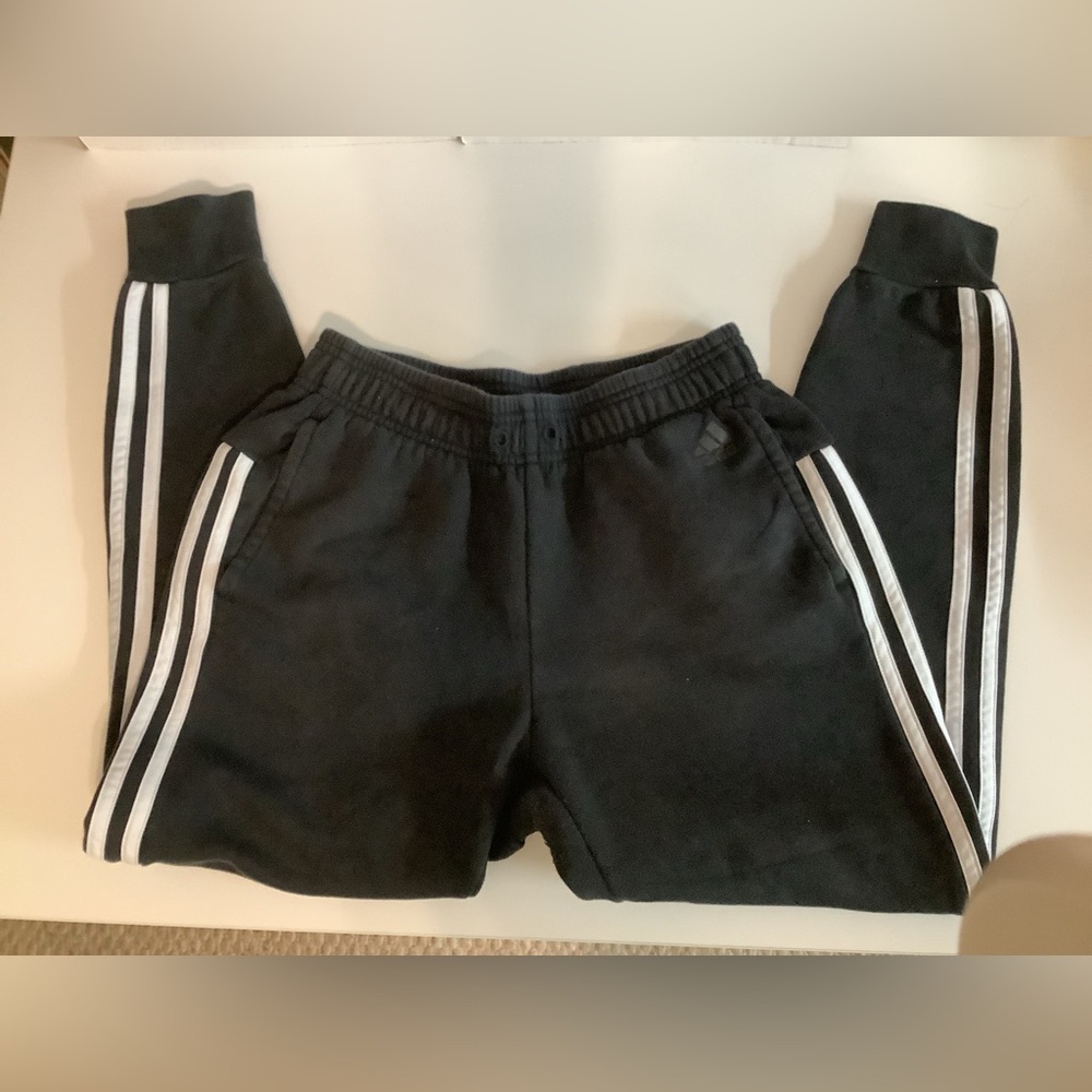 Adidas Size XS Black and White Track Pants with Signature Stripes. Preloved